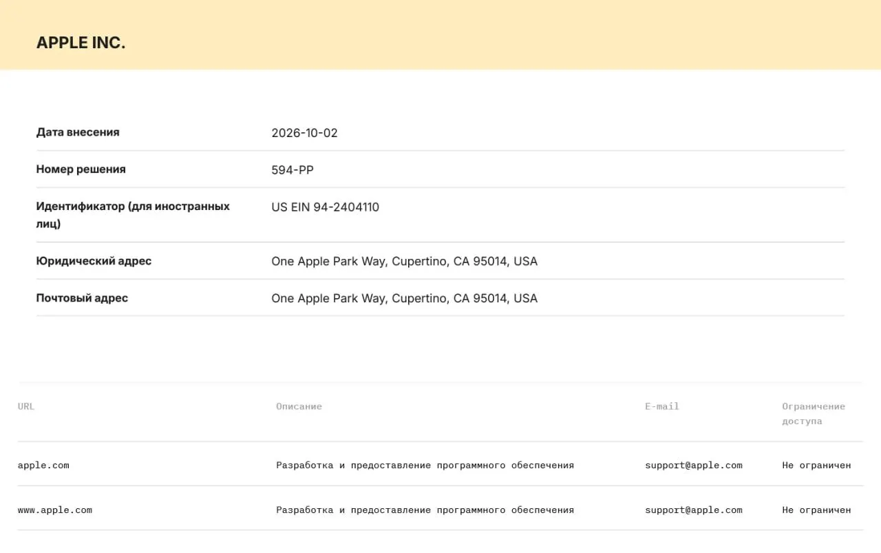 Роскомнадзор включил Apple и Microsoft в реестр организаций, распространяющих информацию; теперь компании обязаны хранить данные пользователей на российских серверах и передавать их силовым ведомствам по запросу. Дата включения — 2 октября 2026 года.