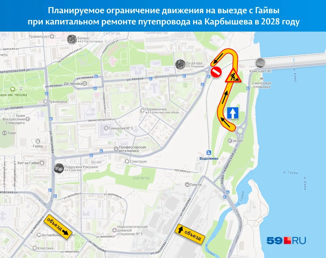 При капитальном ремонте путепровода над железной дорогой в Гайве организуют одностороннее движение в сторону микрорайона; выезд в центр будет только через переезд на улице Писарева. Работы запланированы на 2028 год, предварительная стоимость — 148,6 млн руб.