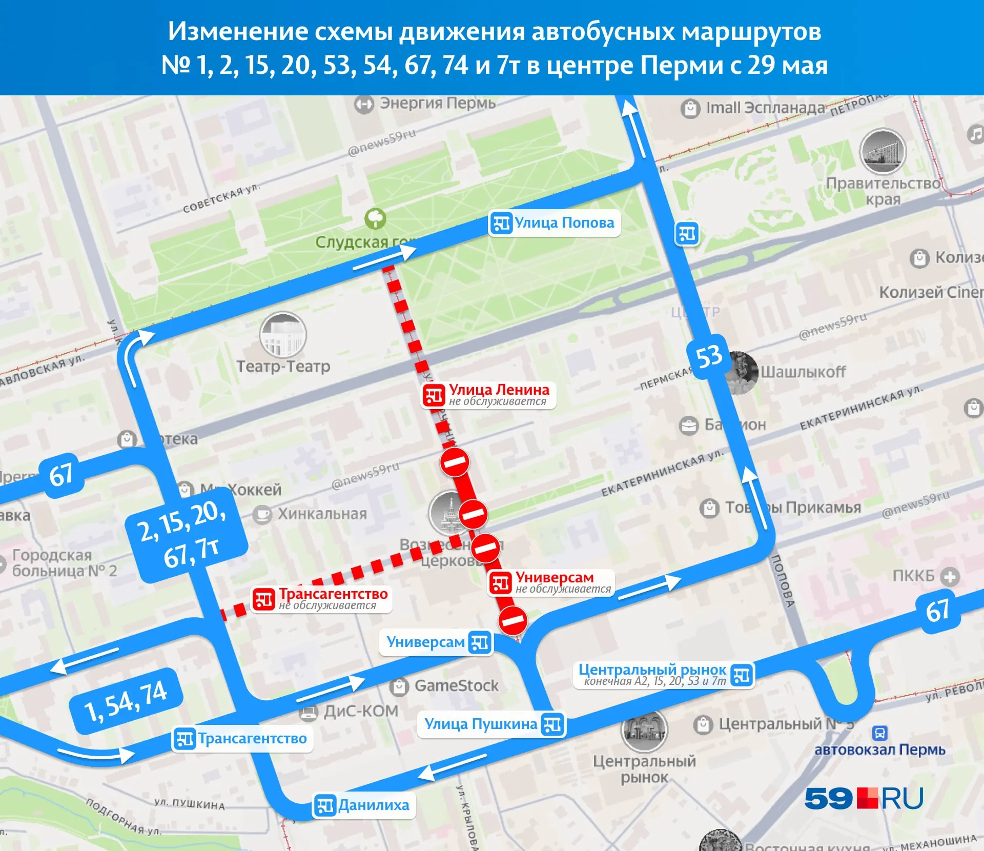 Перед универсамом на улице Борчанинова закрыт участок для капремонта. На схеме показаны временные объезды для городских автобусов; трамваи ходят без изменений.