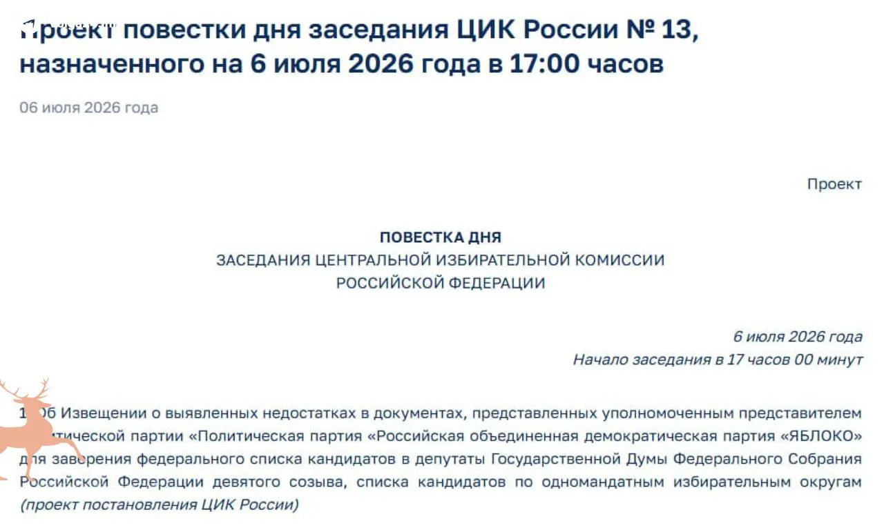 Центризбирком обнаружил «недостатки» в документах партии «Яблоко» и назначил экстренное заседание, что ставит под угрозу её участие в выборах в Госдуму IX созыва.