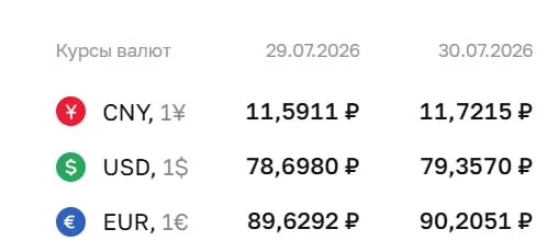 На 30 июля официальный курс ЦБ: доллар — ₽79,36; евро — ₽90,21; юань — ₽11,72. Доллар превысил ₽79 впервые с 4 апреля.