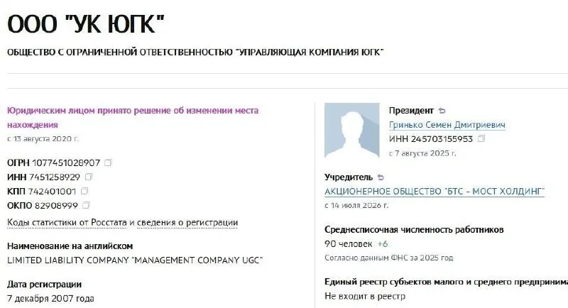 Управляющая компания холдинга продана АО «БТС‑Мост Холдинг». Пакет активов ранее находился у Росимущества; компания входит в топ‑10 золотодобытчиков России.