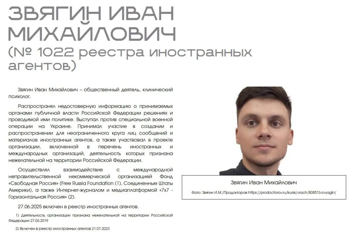 Иван Звягин требует защиты прав после появления в материалах Минюста раздела с «выставкой» иностранных агентов: он утверждает, что публикация унижает достоинство, дискриминирует по профессиональному признаку и нарушает презумпцию невиновности.