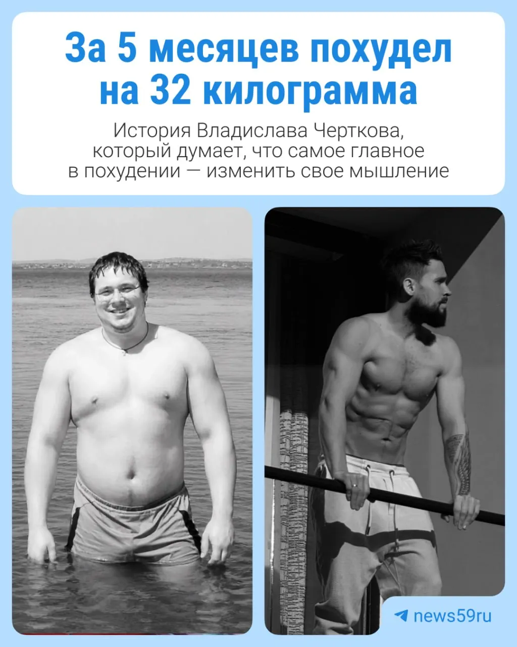 Владислав из Перми весил 111 кг, изменил питание и тренировки, за пять месяцев потерял 32 кг, пережил расстройство пищевого поведения и стал владельцем собственного фитнес‑клуба.