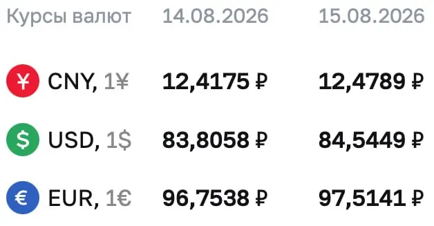 Доллар достиг уровня 84,54 рубля, евро — 97,51 рубля, юань — 12,48 рубля; представлены официальные курсы на ближайшие выходные и понедельник, 17 августа.