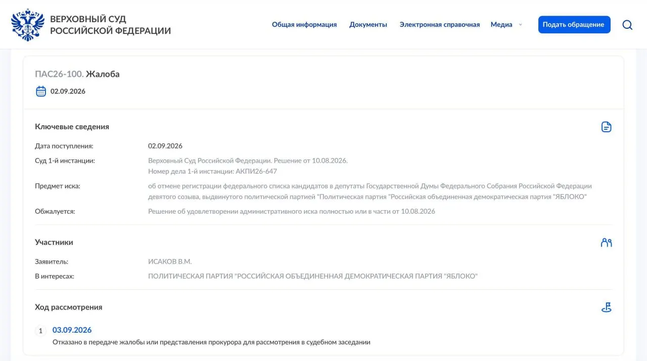 Суд отказался передавать жалобу на рассмотрение в Президиум суда. Надзорная жалоба, объёмом 64 страницы, подана накануне; суд изучил её за сутки. Партия намерена обратиться в Конституционный суд России.